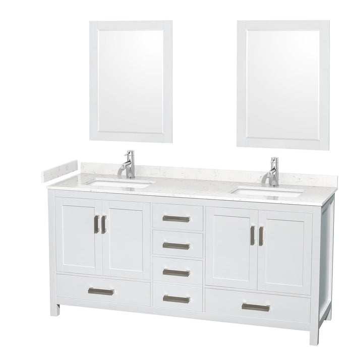 Wyndham Collection WCS141472DWHC2UNSM24 Sheffield 72 Inch Double Bathroom Vanity in White, Carrara Cultured Marble Countertop, Undermount Square Sinks, 24 Inch Mirrors