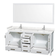 Load image into Gallery viewer, Wyndham Collection WCS141472DWHC2UNSM70 Sheffield 72 Inch Double Bathroom Vanity in White, Carrara Cultured Marble Countertop, Undermount Square Sinks, 70 Inch Mirror