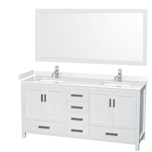 Wyndham Collection WCS141472DWHC2UNSM70 Sheffield 72 Inch Double Bathroom Vanity in White, Carrara Cultured Marble Countertop, Undermount Square Sinks, 70 Inch Mirror
