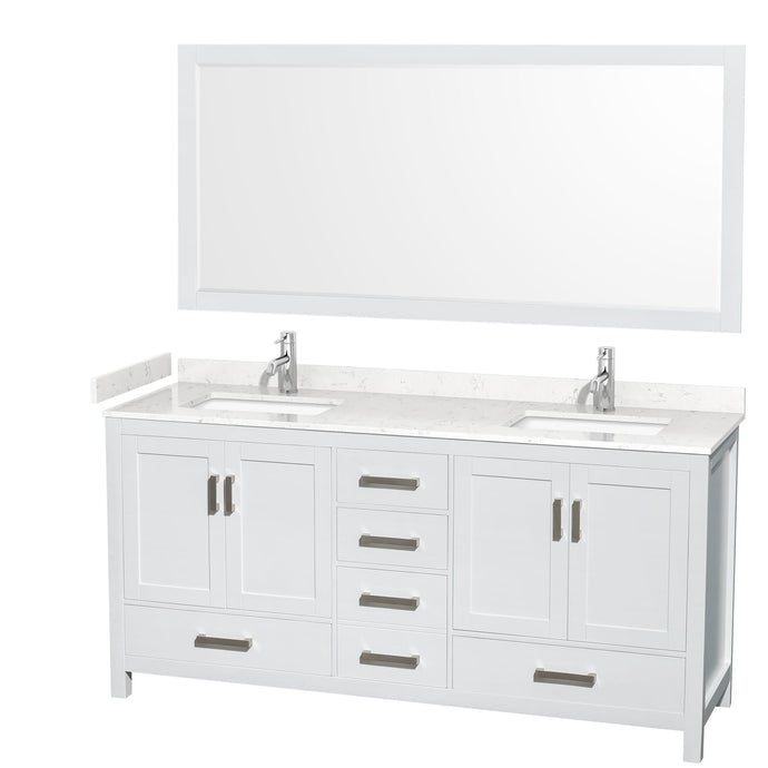 Wyndham Collection WCS141472DWHC2UNSM70 Sheffield 72 Inch Double Bathroom Vanity in White, Carrara Cultured Marble Countertop, Undermount Square Sinks, 70 Inch Mirror