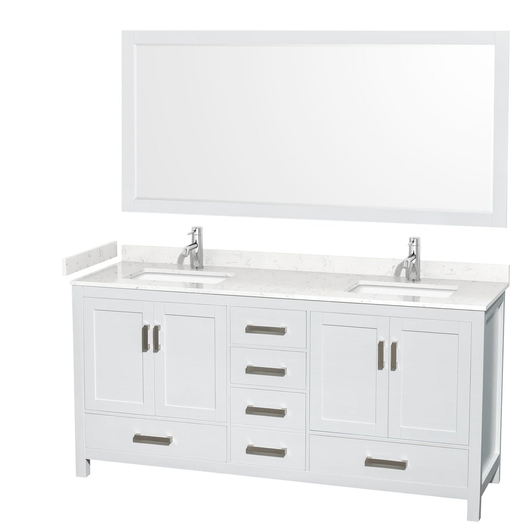 Wyndham Collection WCS141472DWHC2UNSM70 Sheffield 72 Inch Double Bathroom Vanity in White, Carrara Cultured Marble Countertop, Undermount Square Sinks, 70 Inch Mirror