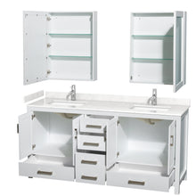 Load image into Gallery viewer, Wyndham Collection WCS141472DWHC2UNSMED Sheffield 72 Inch Double Bathroom Vanity in White, Carrara Cultured Marble Countertop, Undermount Square Sinks, Medicine Cabinets