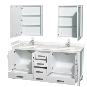 Wyndham Collection WCS141472DWHC2UNSMED Sheffield 72 Inch Double Bathroom Vanity in White, Carrara Cultured Marble Countertop, Undermount Square Sinks, Medicine Cabinets