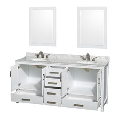 Load image into Gallery viewer, Wyndham Collection WCS141472DWHCMUNOM24 Sheffield 72 Inch Double Bathroom Vanity in White, White Carrara Marble Countertop, Undermount Oval Sinks, and 24 Inch Mirrors