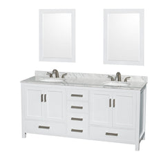 Load image into Gallery viewer, Wyndham Collection WCS141472DWHCMUNOM24 Sheffield 72 Inch Double Bathroom Vanity in White, White Carrara Marble Countertop, Undermount Oval Sinks, and 24 Inch Mirrors