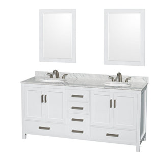 Wyndham Collection WCS141472DWHCMUNOM24 Sheffield 72 Inch Double Bathroom Vanity in White, White Carrara Marble Countertop, Undermount Oval Sinks, and 24 Inch Mirrors