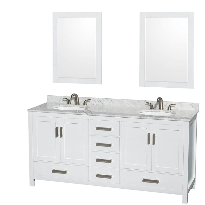Wyndham Collection WCS141472DWHCMUNOM24 Sheffield 72 Inch Double Bathroom Vanity in White, White Carrara Marble Countertop, Undermount Oval Sinks, and 24 Inch Mirrors
