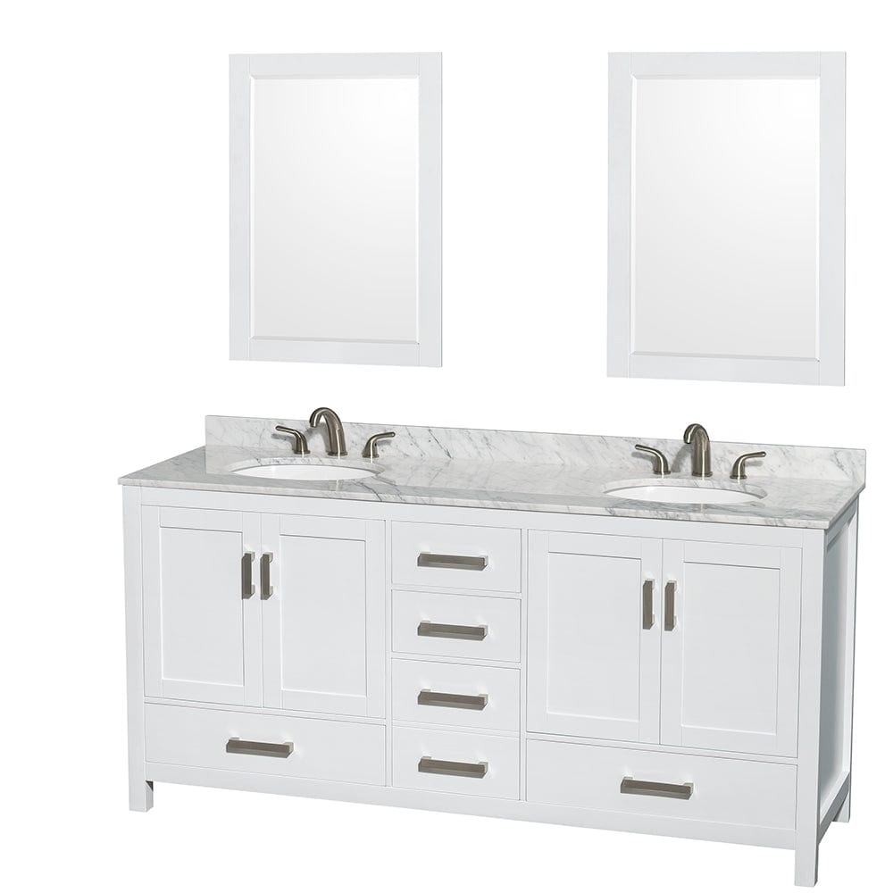 Wyndham Collection WCS141472DWHCMUNOM24 Sheffield 72 Inch Double Bathroom Vanity in White, White Carrara Marble Countertop, Undermount Oval Sinks, and 24 Inch Mirrors