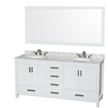 Load image into Gallery viewer, Wyndham Collection WCS141472DWHCMUNOM70 Sheffield 72 Inch Double Bathroom Vanity in White, White Carrara Marble Countertop, Undermount Oval Sinks, and 70 Inch Mirror