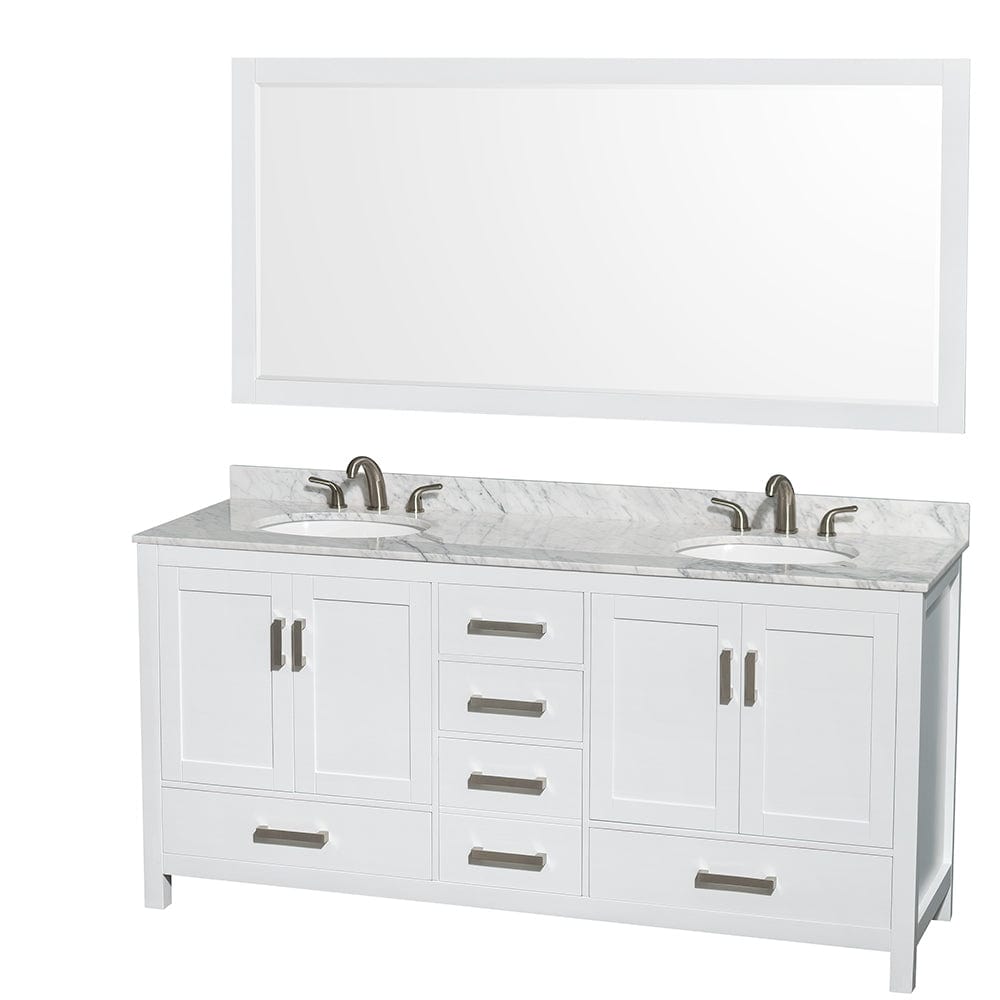 Wyndham Collection WCS141472DWHCMUNOM70 Sheffield 72 Inch Double Bathroom Vanity in White, White Carrara Marble Countertop, Undermount Oval Sinks, and 70 Inch Mirror