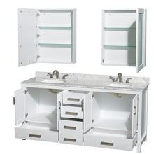 Load image into Gallery viewer, Wyndham Collection WCS141472DWHCMUNOMED Sheffield 72 Inch Double Bathroom Vanity in White, White Carrara Marble Countertop, Undermount Oval Sinks, and Medicine Cabinets