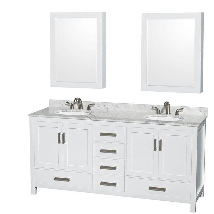 Wyndham Collection WCS141472DWHCMUNOMED Sheffield 72 Inch Double Bathroom Vanity in White, White Carrara Marble Countertop, Undermount Oval Sinks, and Medicine Cabinets