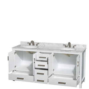 Wyndham Collection WCS141472DWHCMUNOMXX Sheffield 72 Inch Double Bathroom Vanity in White, White Carrara Marble Countertop, Undermount Oval Sinks, and No Mirror