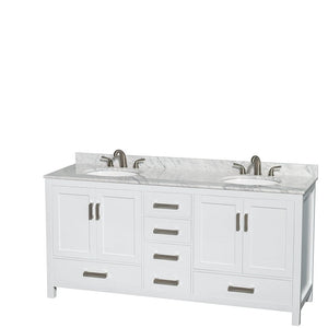 Wyndham Collection WCS141472DWHCMUNOM24 Sheffield 72 Inch Double Bathroom Vanity in White, White Carrara Marble Countertop, Undermount Oval Sinks, and 24 Inch Mirrors