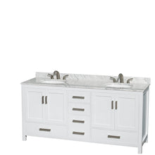 Load image into Gallery viewer, Wyndham Collection WCS141472DWHCMUNOM70 Sheffield 72 Inch Double Bathroom Vanity in White, White Carrara Marble Countertop, Undermount Oval Sinks, and 70 Inch Mirror