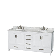 Load image into Gallery viewer, Wyndham Collection WCS141472DWHCMUNOMXX Sheffield 72 Inch Double Bathroom Vanity in White, White Carrara Marble Countertop, Undermount Oval Sinks, and No Mirror
