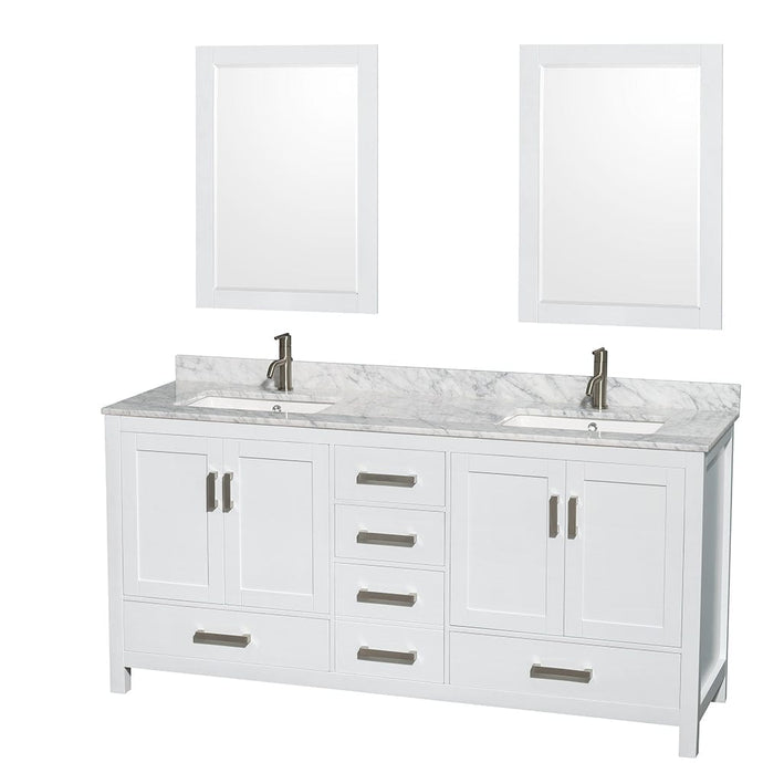 Wyndham Collection WCS141472DWHCMUNSM24 Sheffield 72 Inch Double Bathroom Vanity in White, White Carrara Marble Countertop, Undermount Square Sinks, and 24 Inch Mirrors
