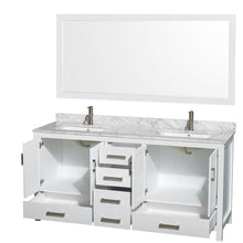 Load image into Gallery viewer, Wyndham Collection WCS141472DWHCMUNSM70 Sheffield 72 Inch Double Bathroom Vanity in White, White Carrara Marble Countertop, Undermount Square Sinks, and 70 Inch Mirror