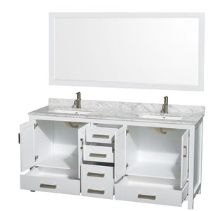 Wyndham Collection WCS141472DWHCMUNSM70 Sheffield 72 Inch Double Bathroom Vanity in White, White Carrara Marble Countertop, Undermount Square Sinks, and 70 Inch Mirror