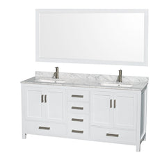 Load image into Gallery viewer, Wyndham Collection WCS141472DWHCMUNSM70 Sheffield 72 Inch Double Bathroom Vanity in White, White Carrara Marble Countertop, Undermount Square Sinks, and 70 Inch Mirror