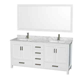 Wyndham Collection WCS141472DWHCMUNSM70 Sheffield 72 Inch Double Bathroom Vanity in White, White Carrara Marble Countertop, Undermount Square Sinks, and 70 Inch Mirror