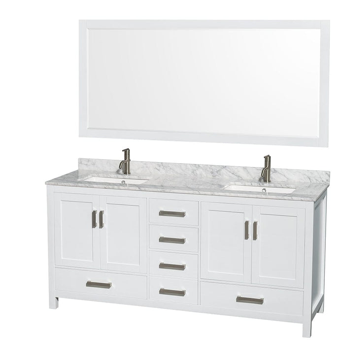 Wyndham Collection WCS141472DWHCMUNSM70 Sheffield 72 Inch Double Bathroom Vanity in White, White Carrara Marble Countertop, Undermount Square Sinks, and 70 Inch Mirror