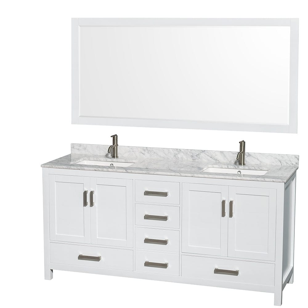 Wyndham Collection WCS141472DWHCMUNSM70 Sheffield 72 Inch Double Bathroom Vanity in White, White Carrara Marble Countertop, Undermount Square Sinks, and 70 Inch Mirror