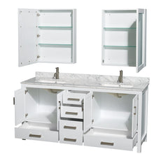 Load image into Gallery viewer, Wyndham Collection WCS141472DWHCMUNSMED Sheffield 72 Inch Double Bathroom Vanity in White, White Carrara Marble Countertop, Undermount Square Sinks, and Medicine Cabinets