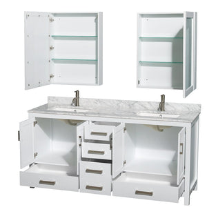 Wyndham Collection WCS141472DWHCMUNSMED Sheffield 72 Inch Double Bathroom Vanity in White, White Carrara Marble Countertop, Undermount Square Sinks, and Medicine Cabinets