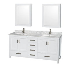 Load image into Gallery viewer, Wyndham Collection WCS141472DWHCMUNSMED Sheffield 72 Inch Double Bathroom Vanity in White, White Carrara Marble Countertop, Undermount Square Sinks, and Medicine Cabinets