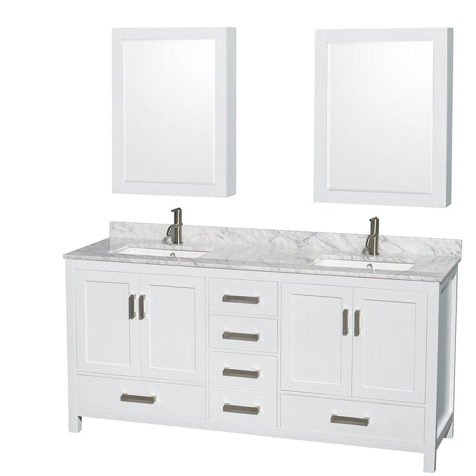 Wyndham Collection WCS141472DWHCMUNSMED Sheffield 72 Inch Double Bathroom Vanity in White, White Carrara Marble Countertop, Undermount Square Sinks, and Medicine Cabinets