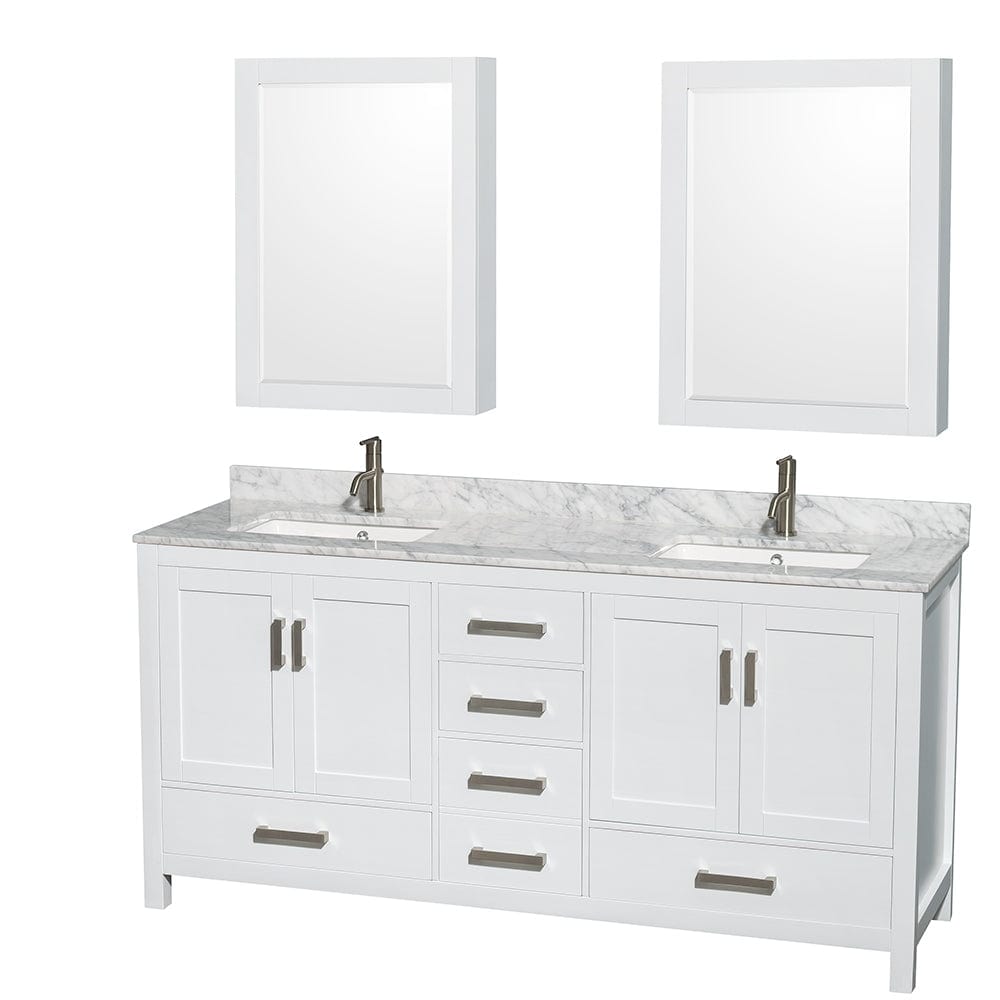 Wyndham Collection WCS141472DWHCMUNSMED Sheffield 72 Inch Double Bathroom Vanity in White, White Carrara Marble Countertop, Undermount Square Sinks, and Medicine Cabinets