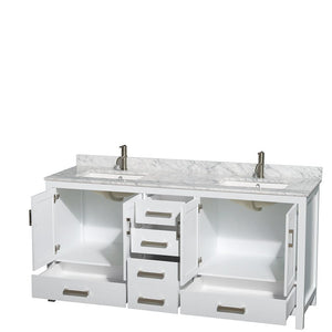 Wyndham Collection WCS141472DWHCMUNSMXX Sheffield 72 Inch Double Bathroom Vanity in White, White Carrara Marble Countertop, Undermount Square Sinks, and No Mirror