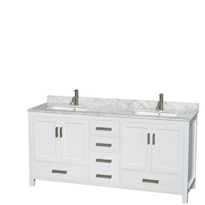 Wyndham Collection WCS141472DWHCMUNSM24 Sheffield 72 Inch Double Bathroom Vanity in White, White Carrara Marble Countertop, Undermount Square Sinks, and 24 Inch Mirrors