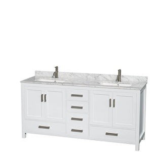 Wyndham Collection WCS141472DWHCMUNSM70 Sheffield 72 Inch Double Bathroom Vanity in White, White Carrara Marble Countertop, Undermount Square Sinks, and 70 Inch Mirror