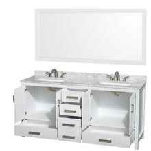 Load image into Gallery viewer, Wyndham Collection WCS141472DWHCMUS3M70 Sheffield 72 Inch Double Bathroom Vanity in White, White Carrara Marble Countertop, Undermount 3-Hole Square Sinks, 70 Inch Mirror