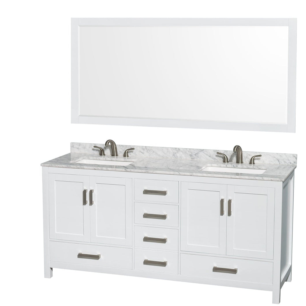 Wyndham Collection WCS141472DWHCMUS3M70 Sheffield 72 Inch Double Bathroom Vanity in White, White Carrara Marble Countertop, Undermount 3-Hole Square Sinks, 70 Inch Mirror