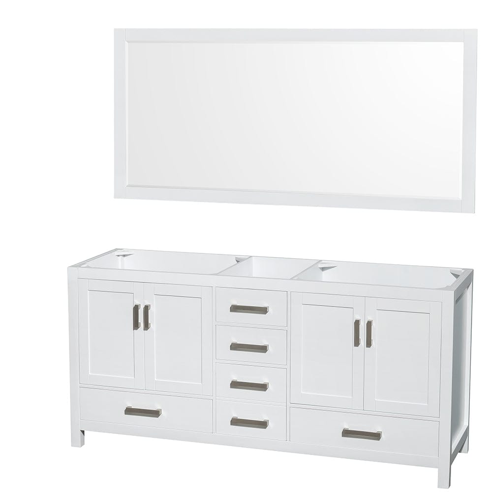 Wyndham Collection WCS141472DWHCXSXXM70 Sheffield 72 Inch Double Bathroom Vanity in White, No Countertop, No Sinks, and 70 Inch Mirror