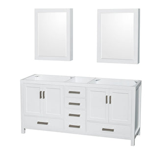 Wyndham Collection WCS141472DWHCXSXXMED Sheffield 72 Inch Double Bathroom Vanity in White, No Countertop, No Sinks, and Medicine Cabinets