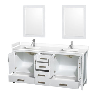 Wyndham Collection WCS141472DWHWCUNSM24 Sheffield 72 Inch Double Bathroom Vanity in White, White Cultured Marble Countertop, Undermount Square Sinks, 24 Inch Mirrors