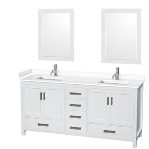 Wyndham Collection WCS141472DWHWCUNSM24 Sheffield 72 Inch Double Bathroom Vanity in White, White Cultured Marble Countertop, Undermount Square Sinks, 24 Inch Mirrors