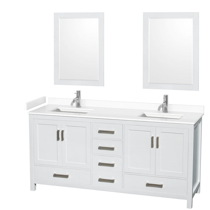 Wyndham Collection WCS141472DWHWCUNSM24 Sheffield 72 Inch Double Bathroom Vanity in White, White Cultured Marble Countertop, Undermount Square Sinks, 24 Inch Mirrors
