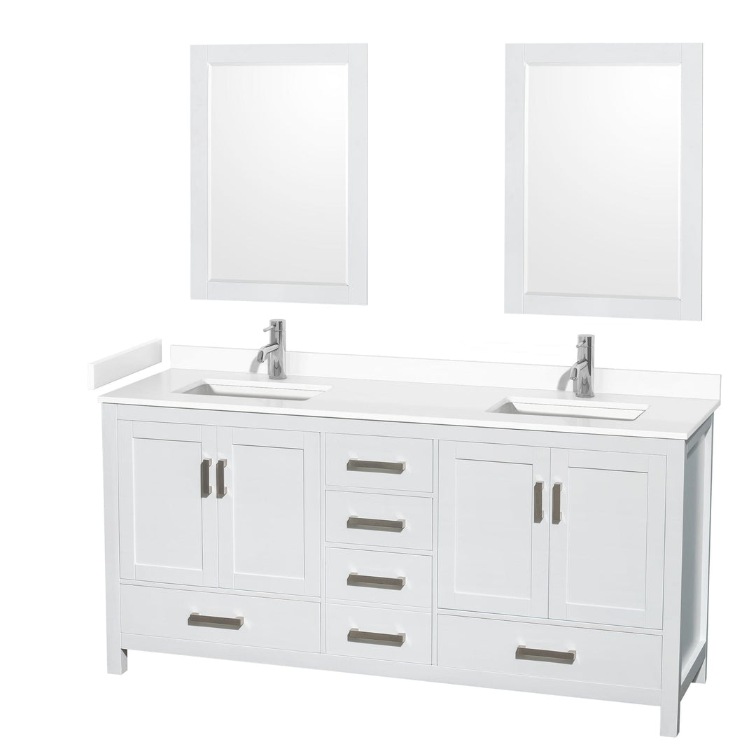 Wyndham Collection WCS141472DWHWCUNSM24 Sheffield 72 Inch Double Bathroom Vanity in White, White Cultured Marble Countertop, Undermount Square Sinks, 24 Inch Mirrors