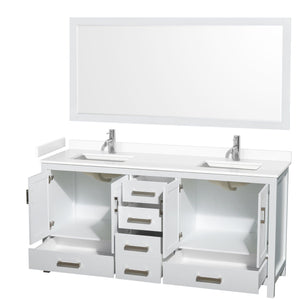 Wyndham Collection WCS141472DWHWCUNSM70 Sheffield 72 Inch Double Bathroom Vanity in White, White Cultured Marble Countertop, Undermount Square Sinks, 70 Inch Mirror