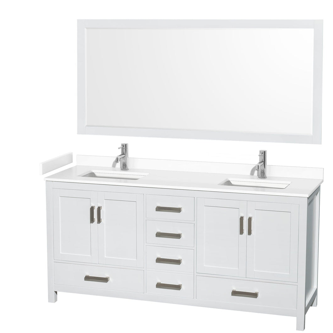 Wyndham Collection WCS141472DWHWCUNSM70 Sheffield 72 Inch Double Bathroom Vanity in White, White Cultured Marble Countertop, Undermount Square Sinks, 70 Inch Mirror