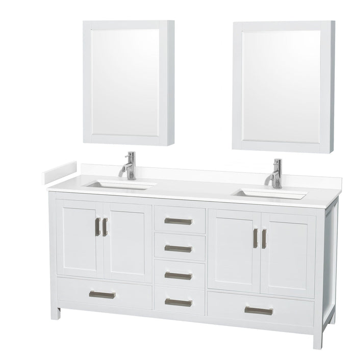 Wyndham Collection WCS141472DWHWCUNSMED Sheffield 72 Inch Double Bathroom Vanity in White, White Cultured Marble Countertop, Undermount Square Sinks, Medicine Cabinets