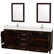 Load image into Gallery viewer, Wyndham Collection WCS141480DESC2UNSM24 Sheffield 80 Inch Double Bathroom Vanity in Espresso, Carrara Cultured Marble Countertop, Undermount Square Sinks, 24 Inch Mirrors