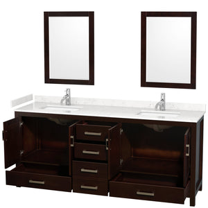 Wyndham Collection WCS141480DESC2UNSM24 Sheffield 80 Inch Double Bathroom Vanity in Espresso, Carrara Cultured Marble Countertop, Undermount Square Sinks, 24 Inch Mirrors