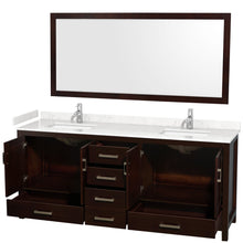 Load image into Gallery viewer, Wyndham Collection WCS141480DESC2UNSM70 Sheffield 80 Inch Double Bathroom Vanity in Espresso, Carrara Cultured Marble Countertop, Undermount Square Sinks, 70 Inch Mirror