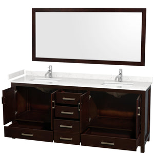 Wyndham Collection WCS141480DESC2UNSM70 Sheffield 80 Inch Double Bathroom Vanity in Espresso, Carrara Cultured Marble Countertop, Undermount Square Sinks, 70 Inch Mirror